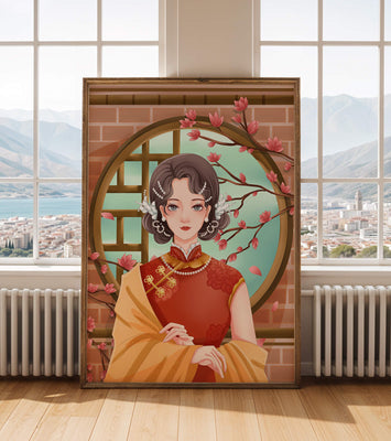 Elegant woman in traditional dress with floral background