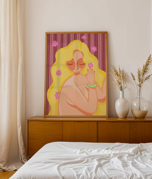 Ilustración abstracta de una mujer serena con el pelo largo y rubio y flores