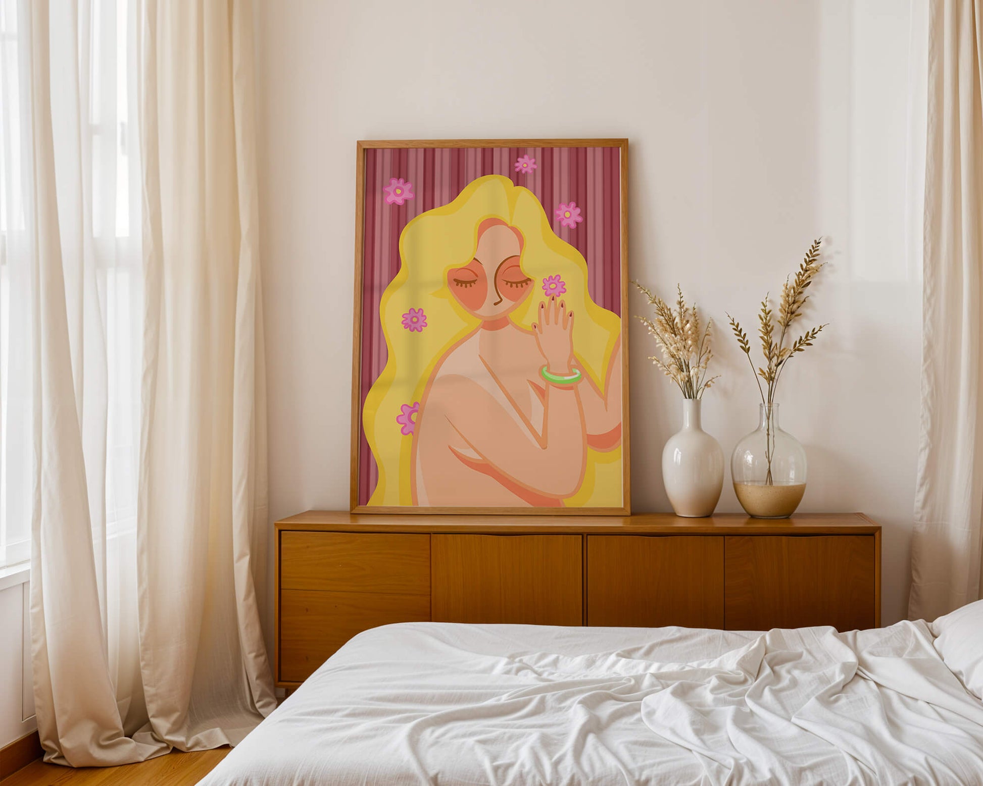Ilustración abstracta de una mujer serena con el pelo largo y rubio y flores