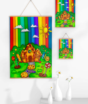 Whimsical candy house in a vibrant rainbow landscape