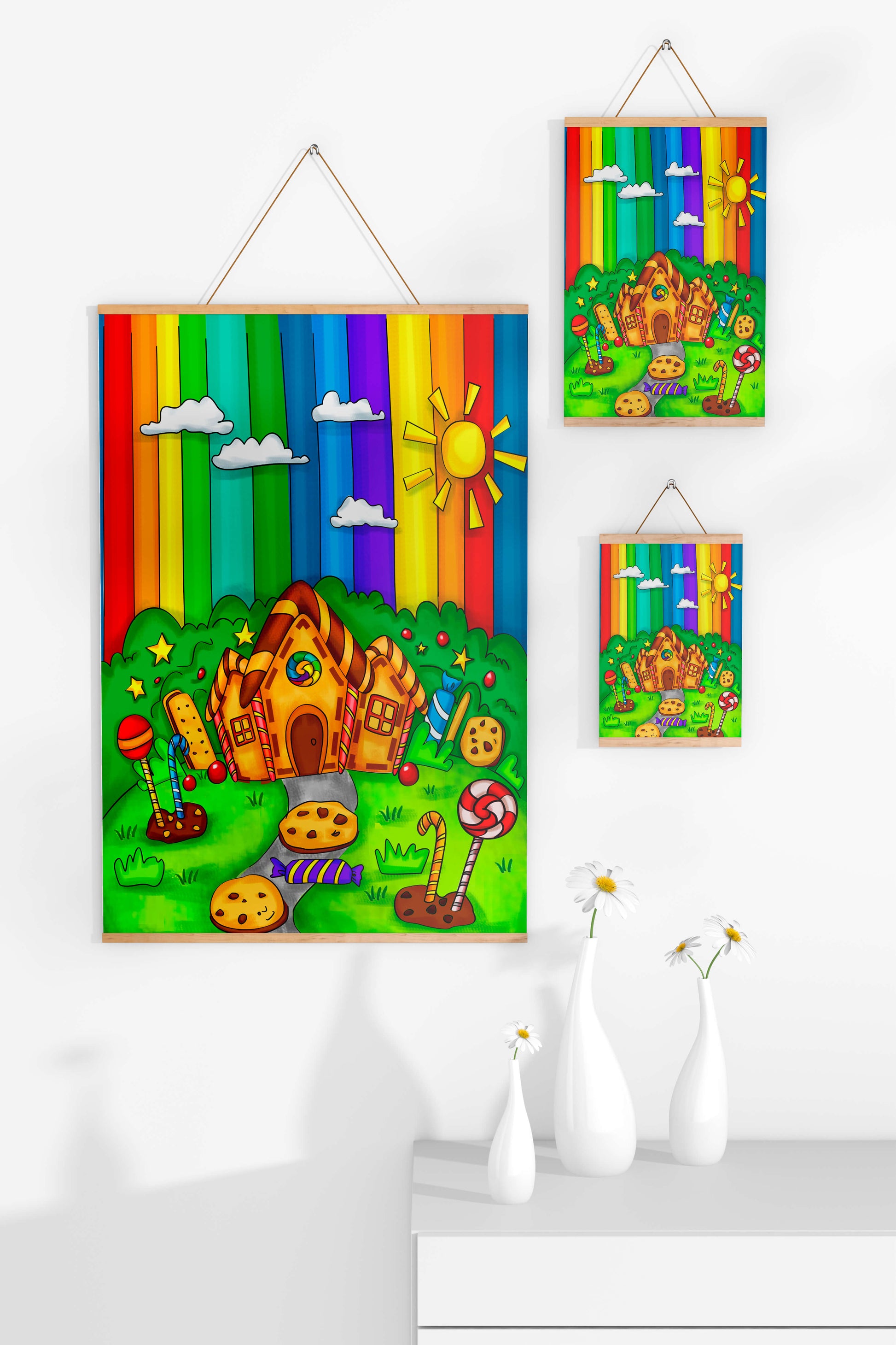 Whimsical candy house in a vibrant rainbow landscape