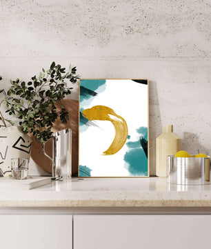 Abstract Gold and Teal Brush Strokes on White Background