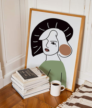Minimalist Abstract Portrait Featuring Woman with Black Hat and Green Outfit - Mi tienda