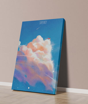 Whimsical illustration of superboy with dreamy cloudscape