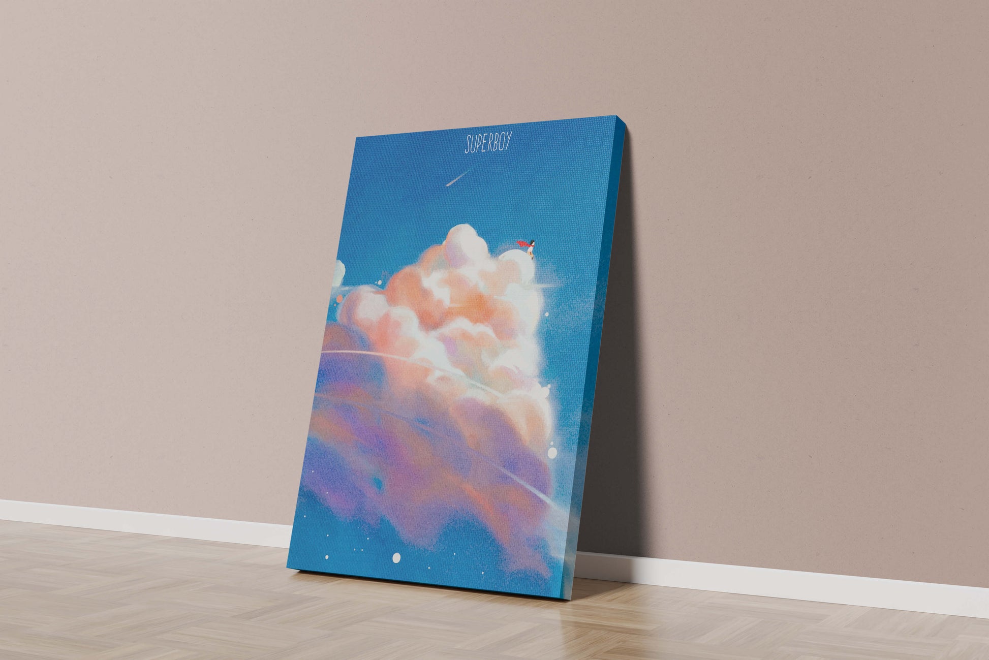 Whimsical illustration of superboy with dreamy cloudscape