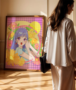 Anime-Mädchen mit leuchtenden Blumen und lila Haaren auf buntem Hintergrund