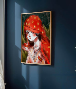 Illustration d'une fille en capuchon rouge tenant une pomme dans une forêt