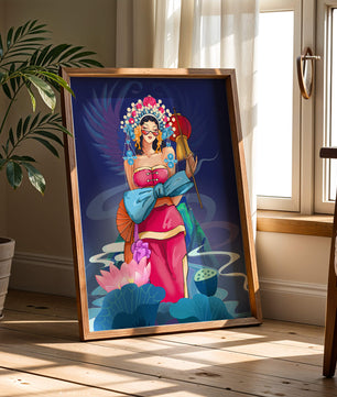 Colorful illustration of a woman in traditional attire with floral headdress