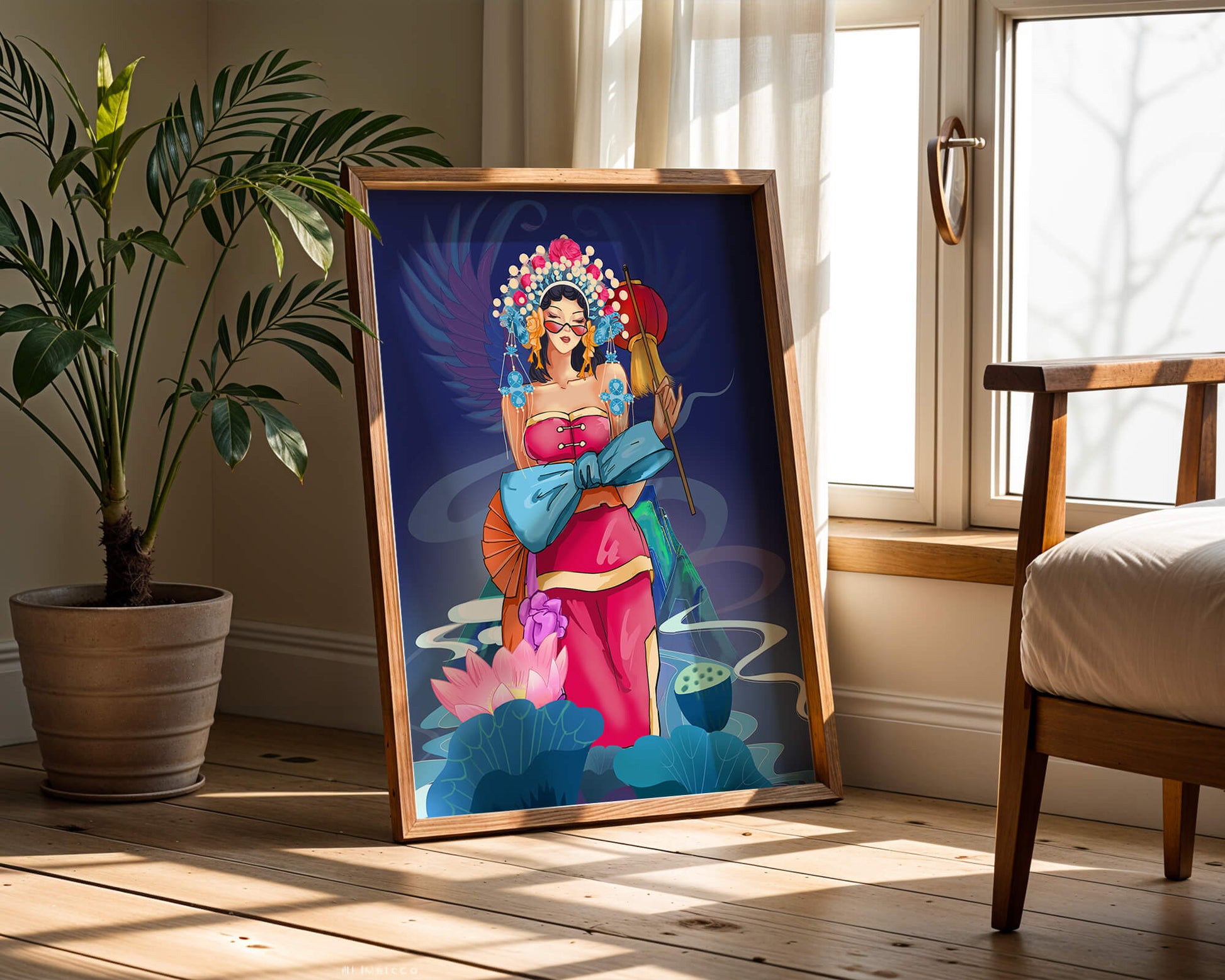 Colorful illustration of a woman in traditional attire with floral headdress