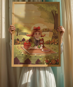 Whimsical picnic scene with a young girl and teddy bear under sunset in vibrant meadow
