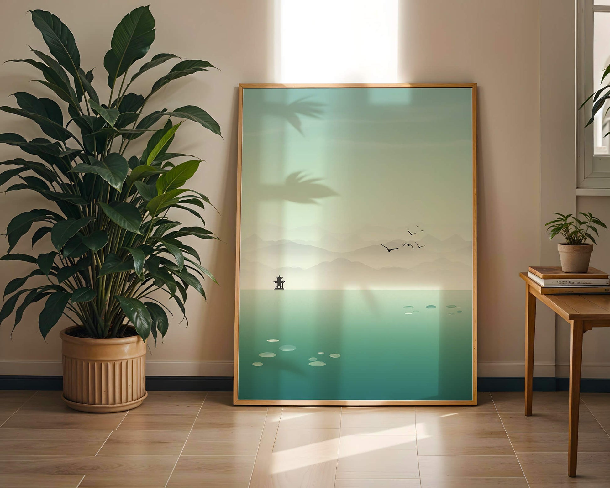 Serene landscape with pagoda and birds over a misty lake