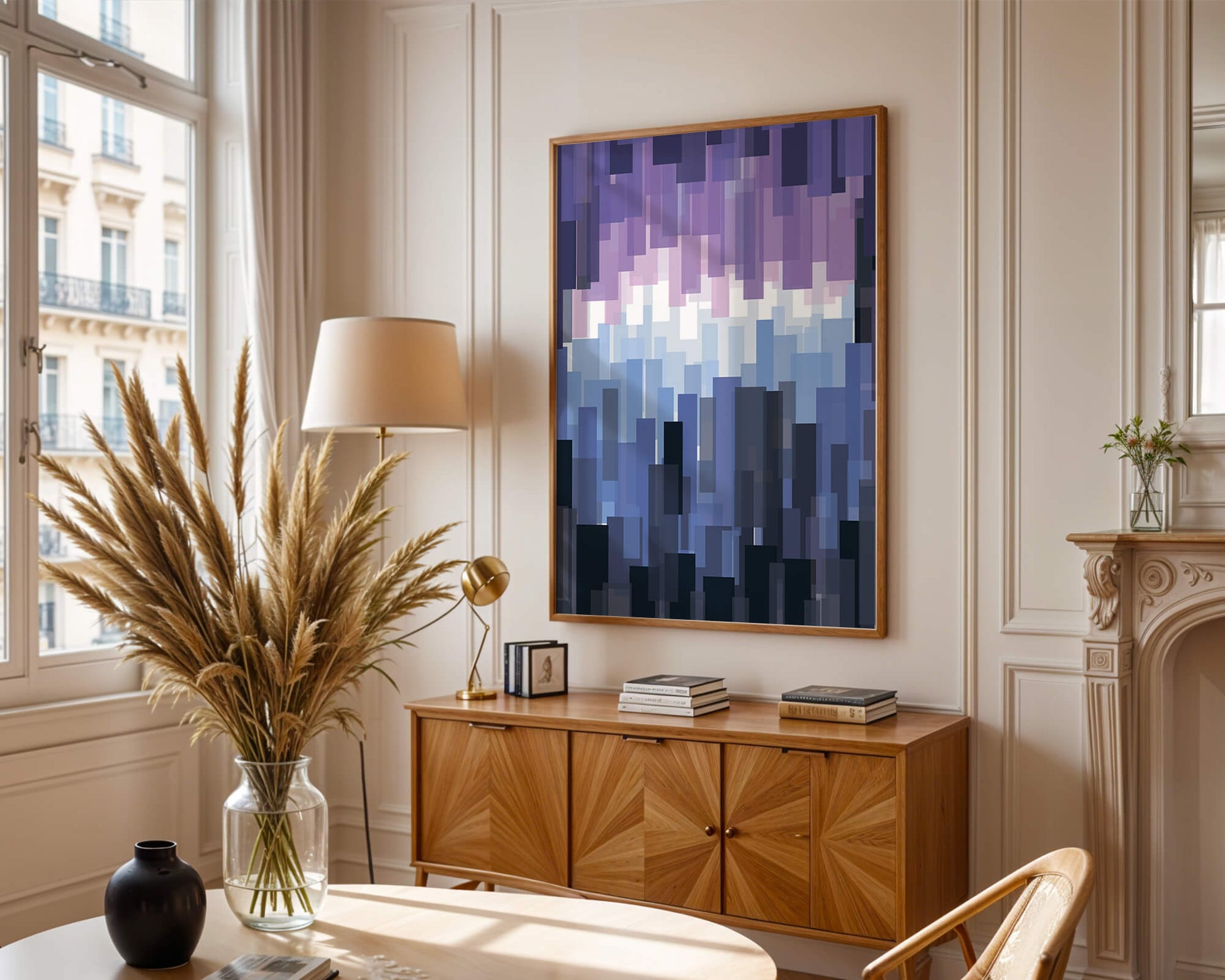 Abstrakter pixeliger Farbverlauf mit Blau- und Lilatönen
