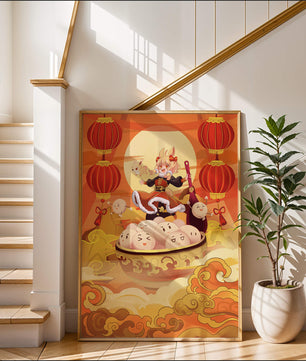 Charming festive fantasy illustration featuring lanterns and playful characters