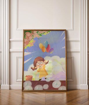 Whimsical illustration of a girl with balloons under vibrant pink blossoms