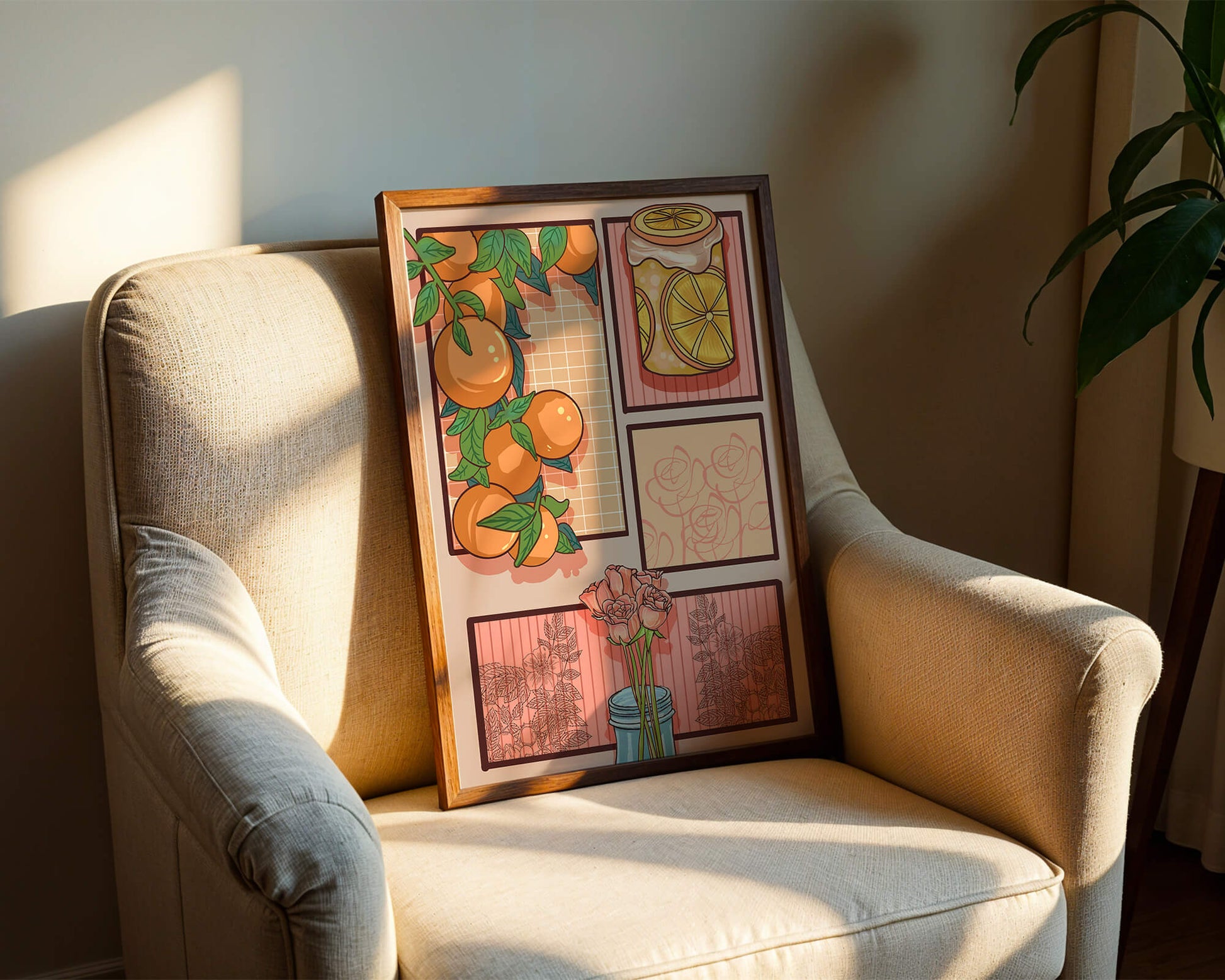 Composición artística con naranjas, frasco de rodajas de limón y rosas sobre fondo geométrico