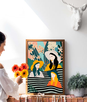 Illustration abstraite colorée de trois femmes avec des éléments floraux et botaniques