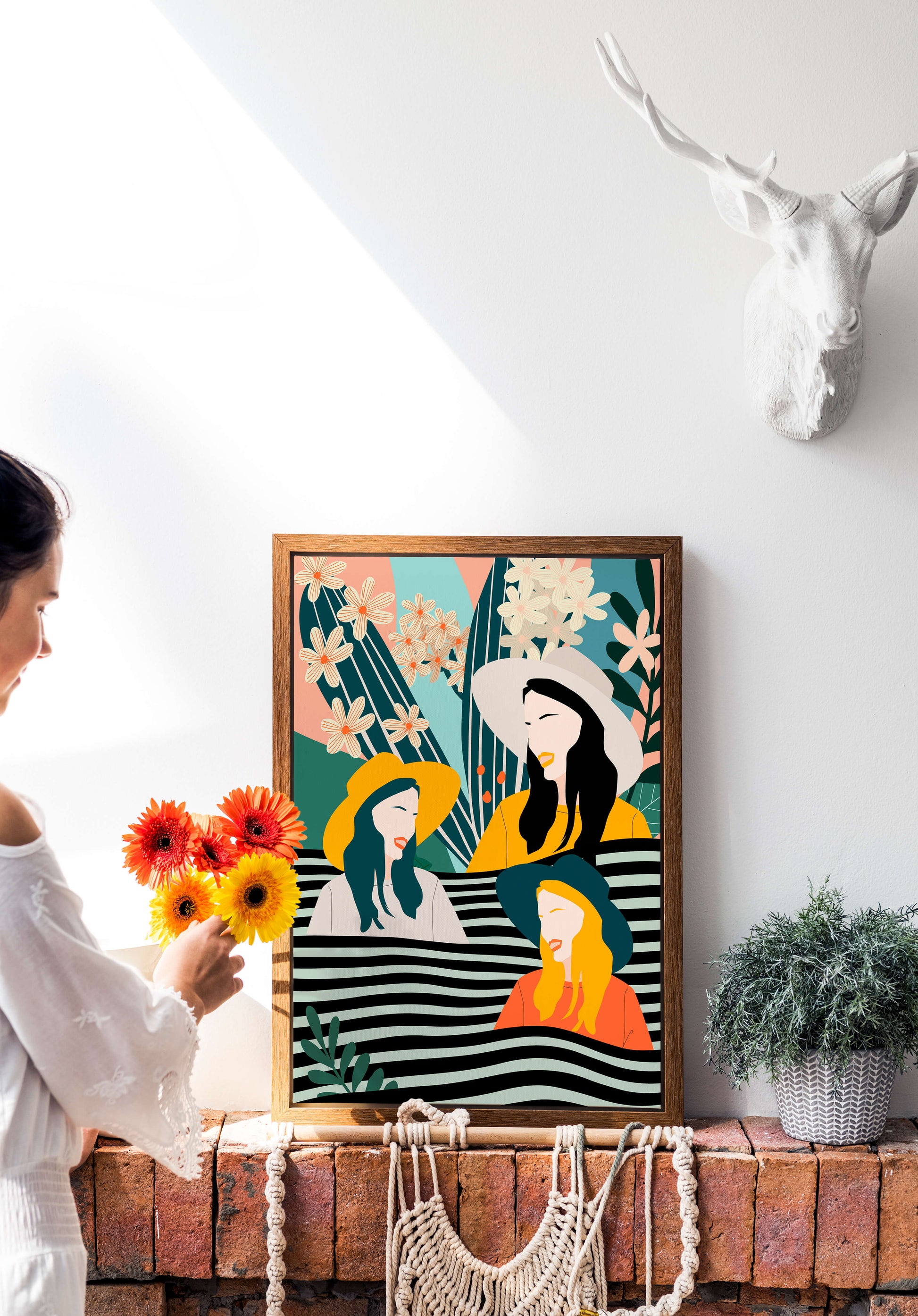 Illustration abstraite colorée de trois femmes avec des éléments floraux et botaniques