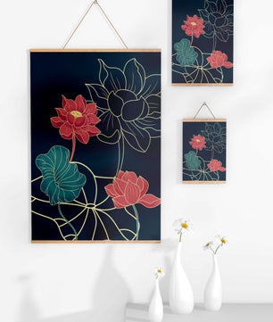 Vibrant Lotus Flowers on Dark Background with Gold Outline