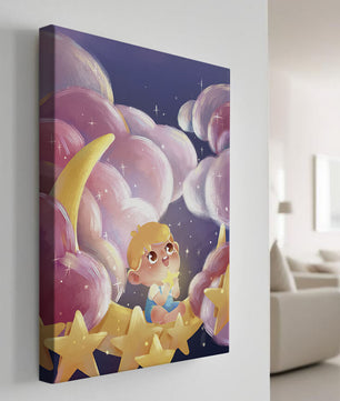 Escena encantadora del cielo nocturno para niños con un niño en una luna creciente