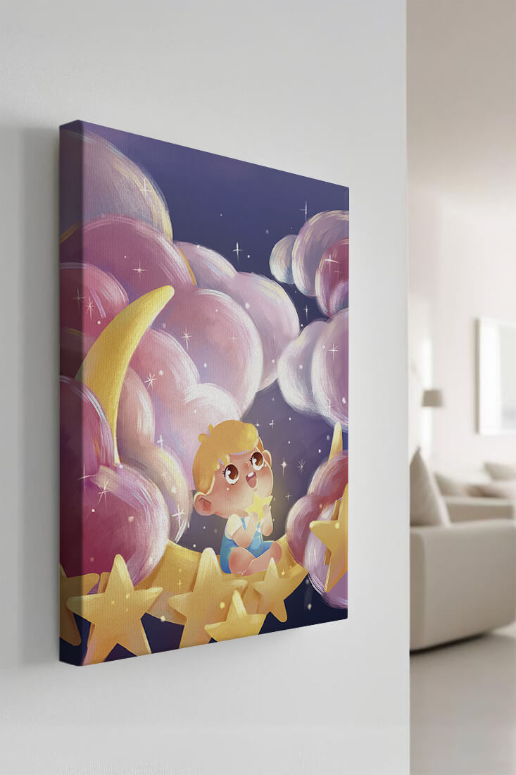 Escena encantadora del cielo nocturno para niños con un niño en una luna creciente