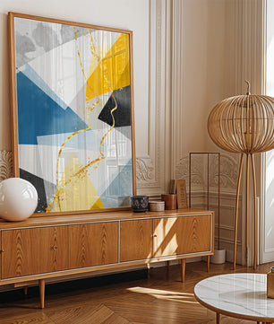 Abstract Geometric Art with Gold Accents in Blue, Yellow, and Gray - Mi tienda