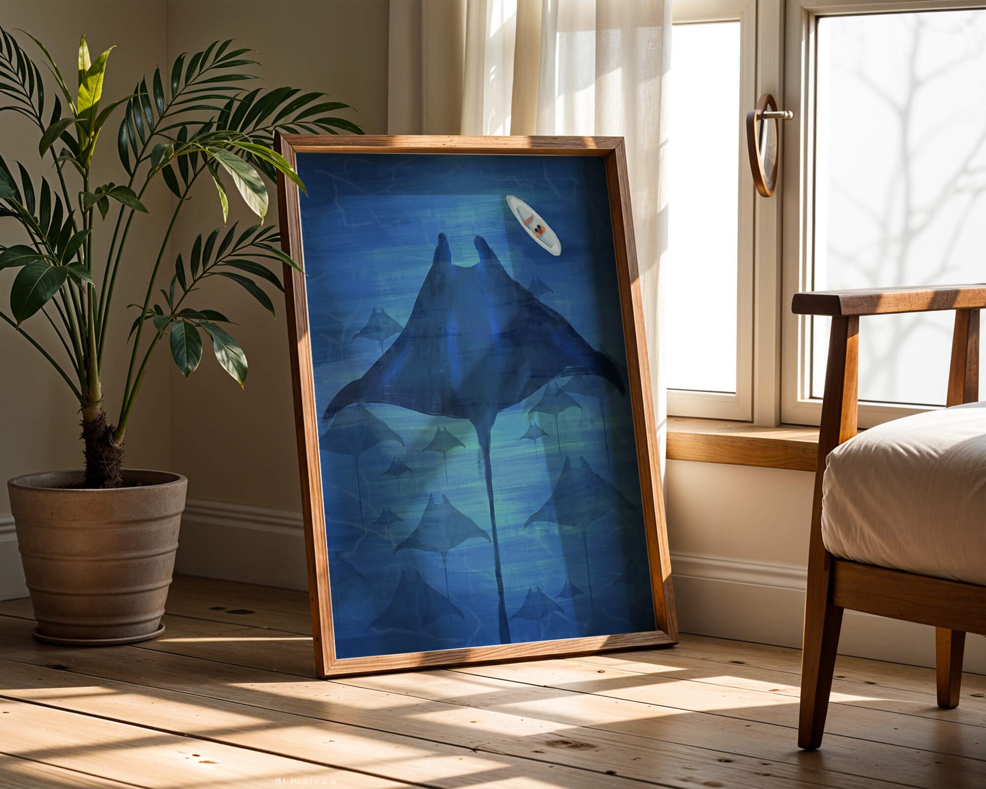 Serene underwater scene with manta rays and a lone kayak