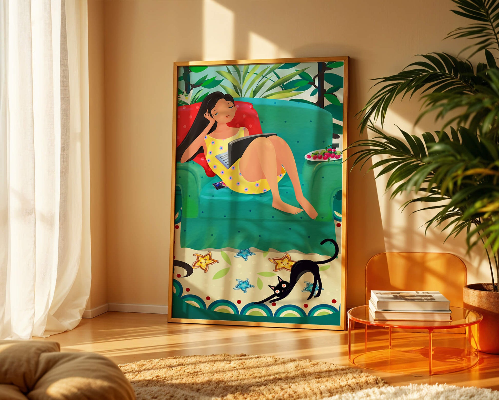 Young Woman Relaxing on Couch with Cat and Fruits in Vibrant Living Room
