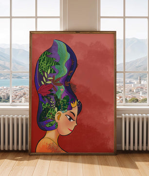 Colorful artistic portrait with nature-inspired hair design