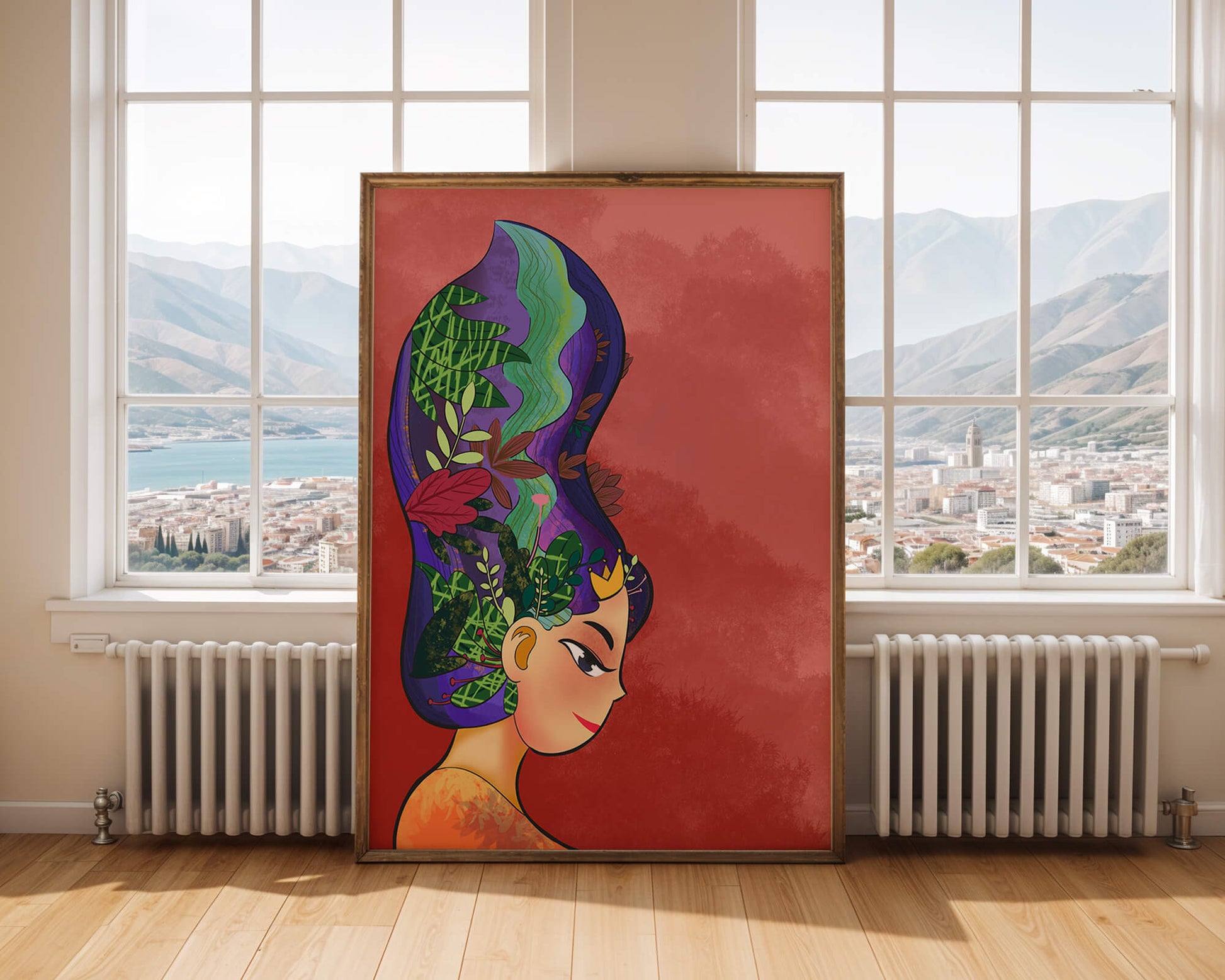 Colorful artistic portrait with nature-inspired hair design