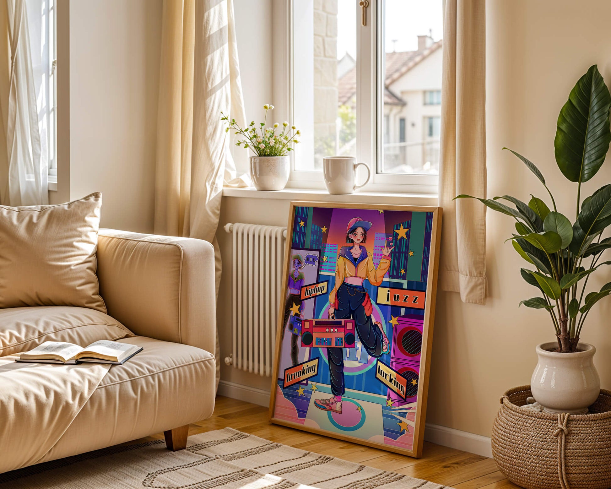 Colorful urban dance scene with hip hop and jazz elements
