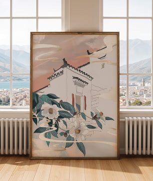 Escena arquitectónica serena con flores y cielo de atardecer