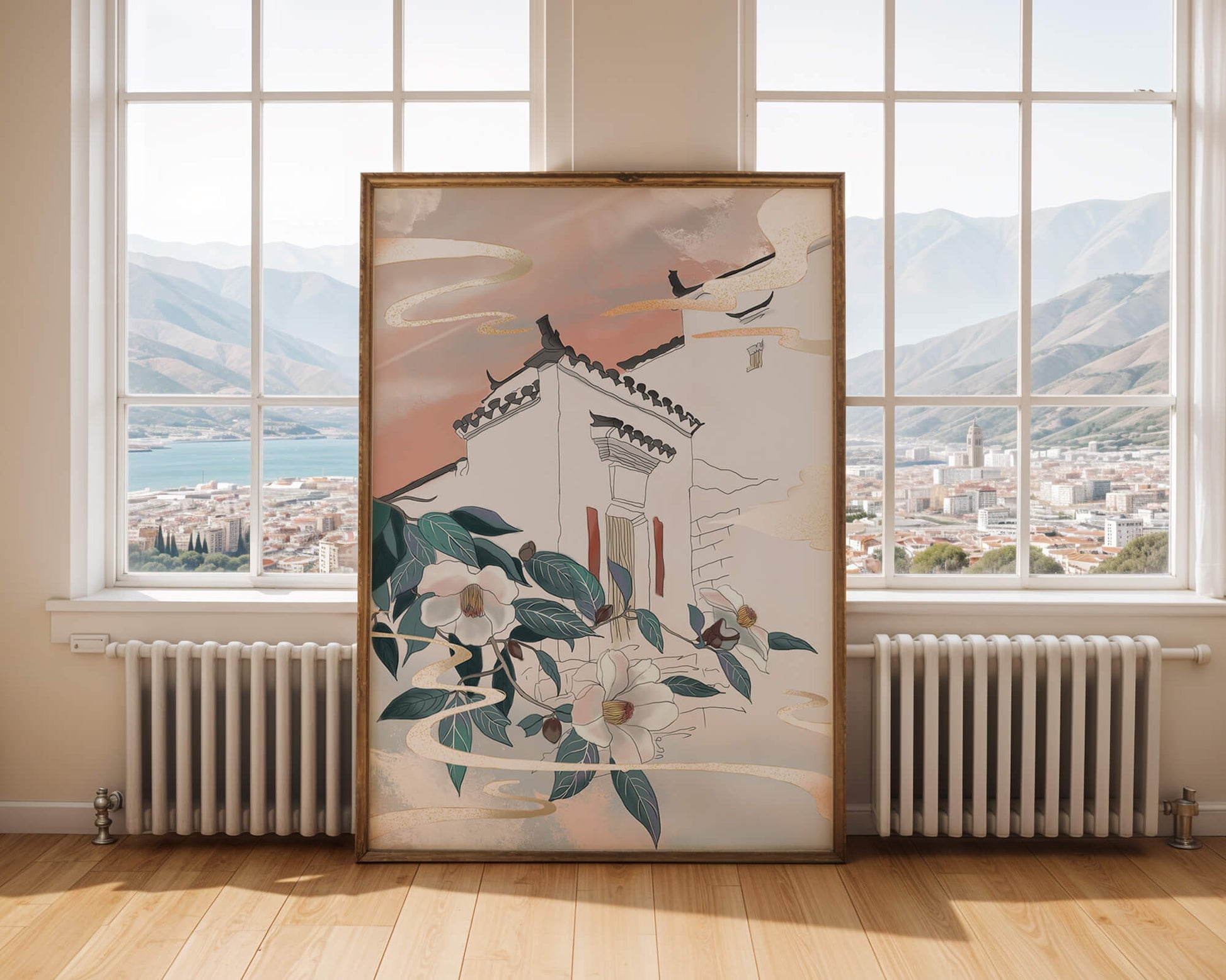 Escena arquitectónica serena con flores y cielo de atardecer