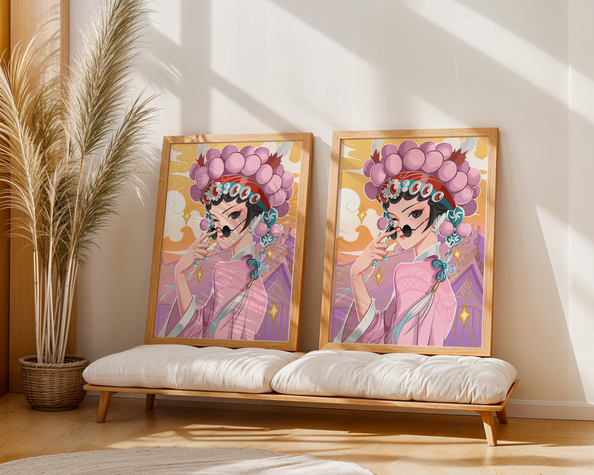 Elegant anime character in traditional attire with golden accents