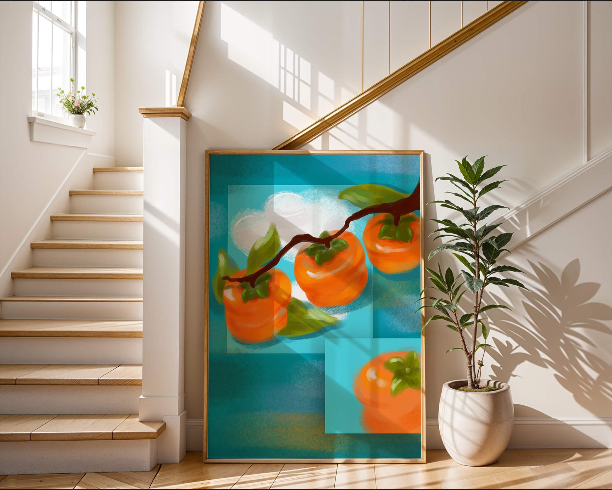 Vibrant persimmons on a branch with a blue background