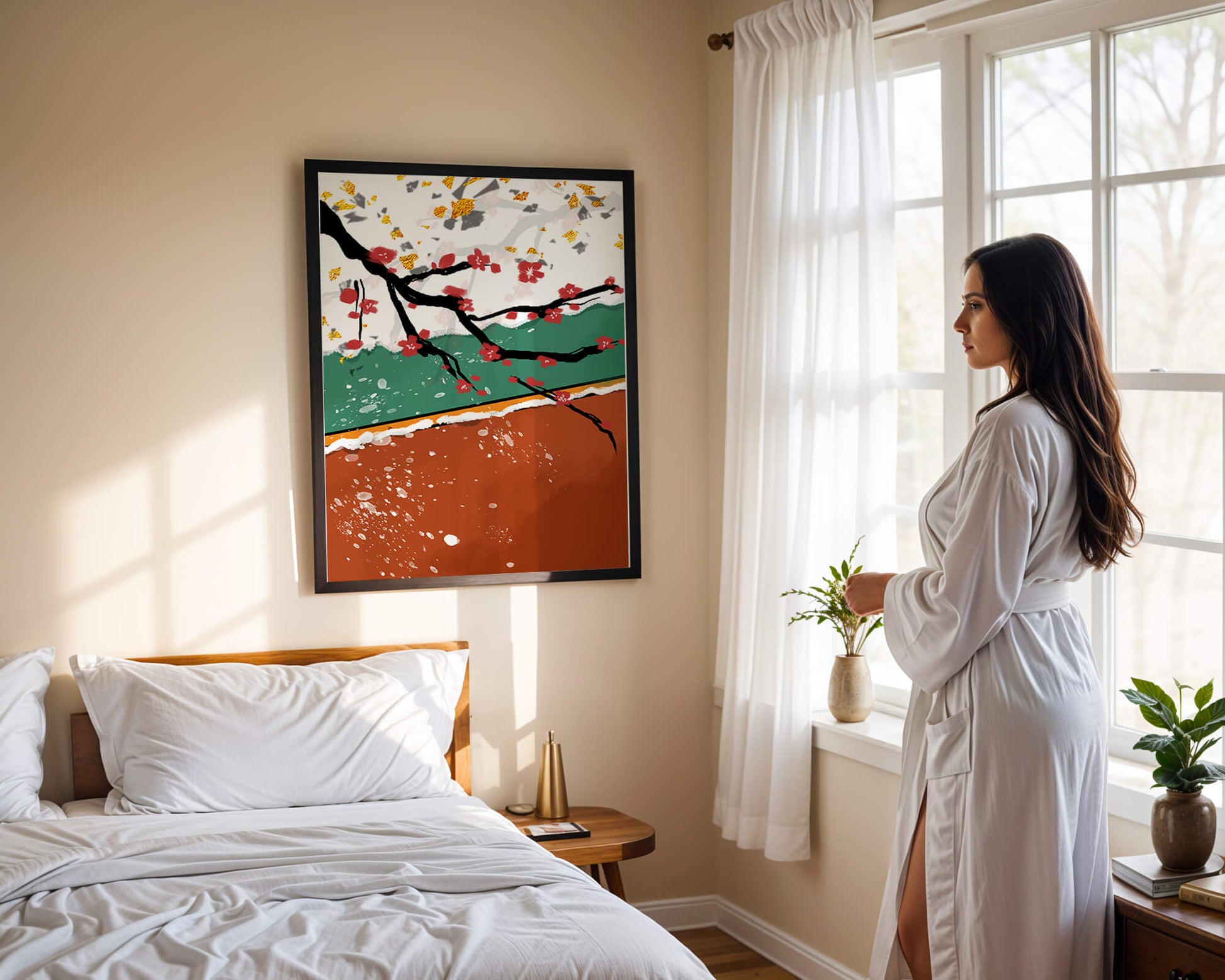 Artistic depiction of blossom branches with gold elements and abstract background