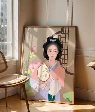 Elegant traditional Asian woman in pastel attire with floral background