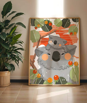 Koalas dans un cadre naturel vibrant aux tons orange et verts