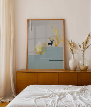 Abstract Deer with Golden Elements and Leaves on Minimalist Background