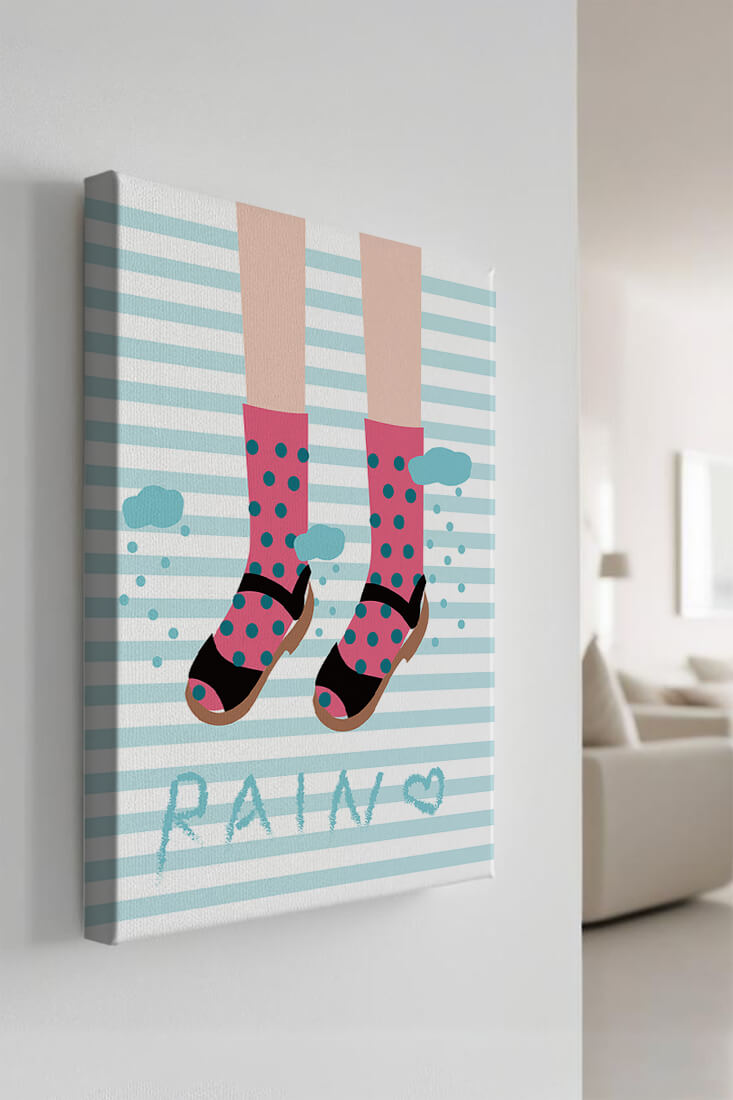 Illustration of polka dot socks and sandals on a striped background