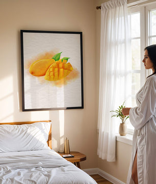 Watercolor depiction of a ripe mango with leaves on textured background