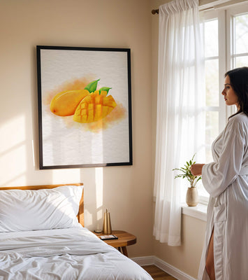 Watercolor depiction of a ripe mango with leaves on textured background