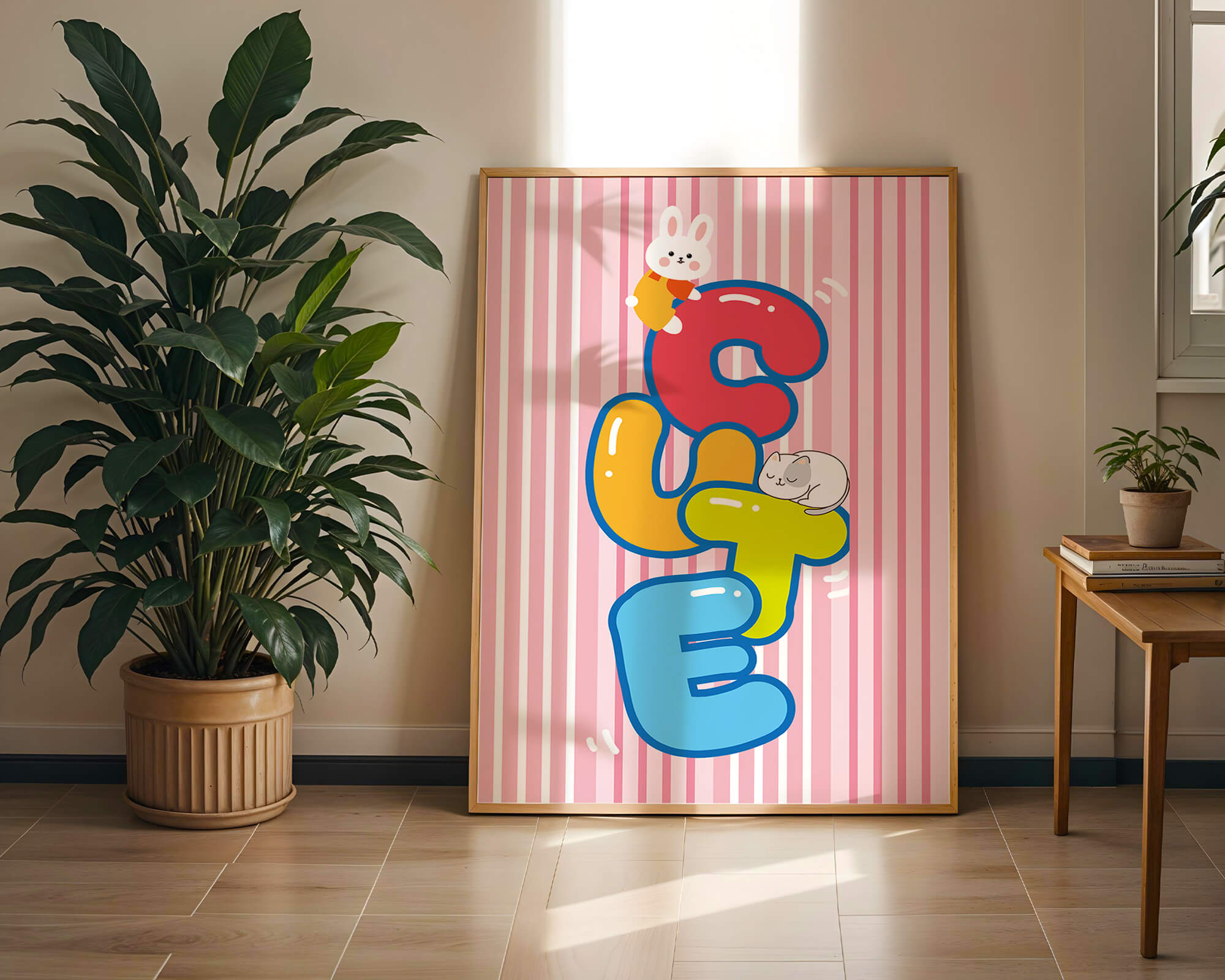 Playful cute illustration with bunny and kitten on colorful letters