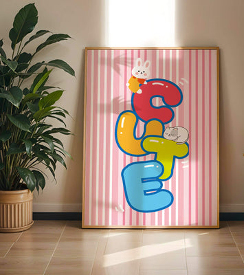 Playful cute illustration with bunny and kitten on colorful letters