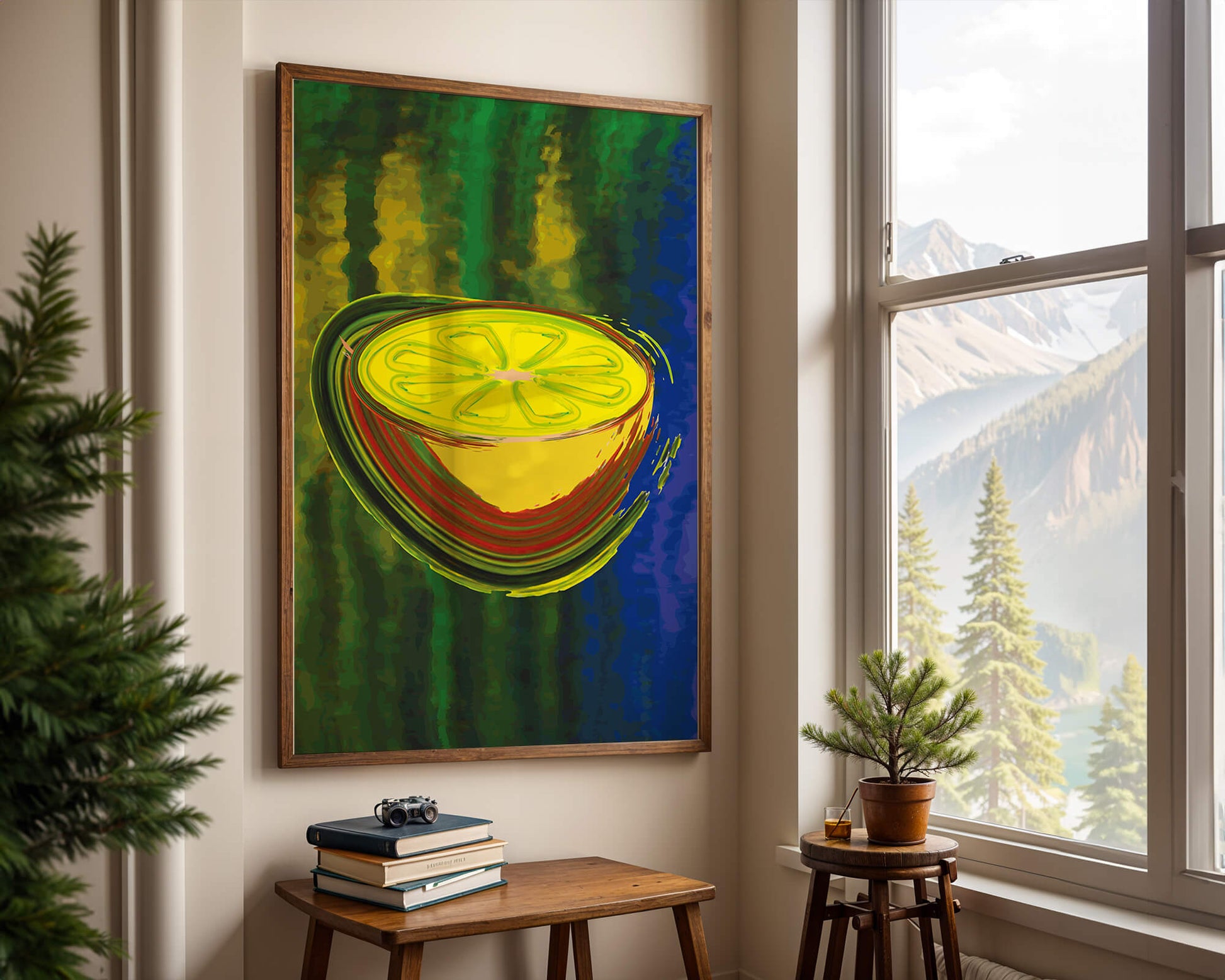 Vibrant abstract lemon slice with a colorful background