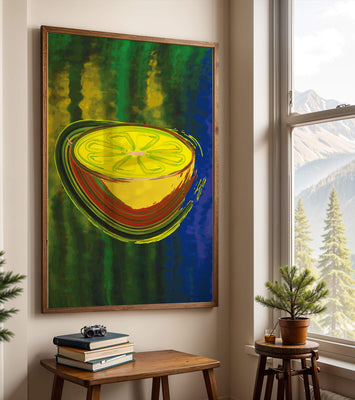 Vibrant abstract lemon slice with a colorful background