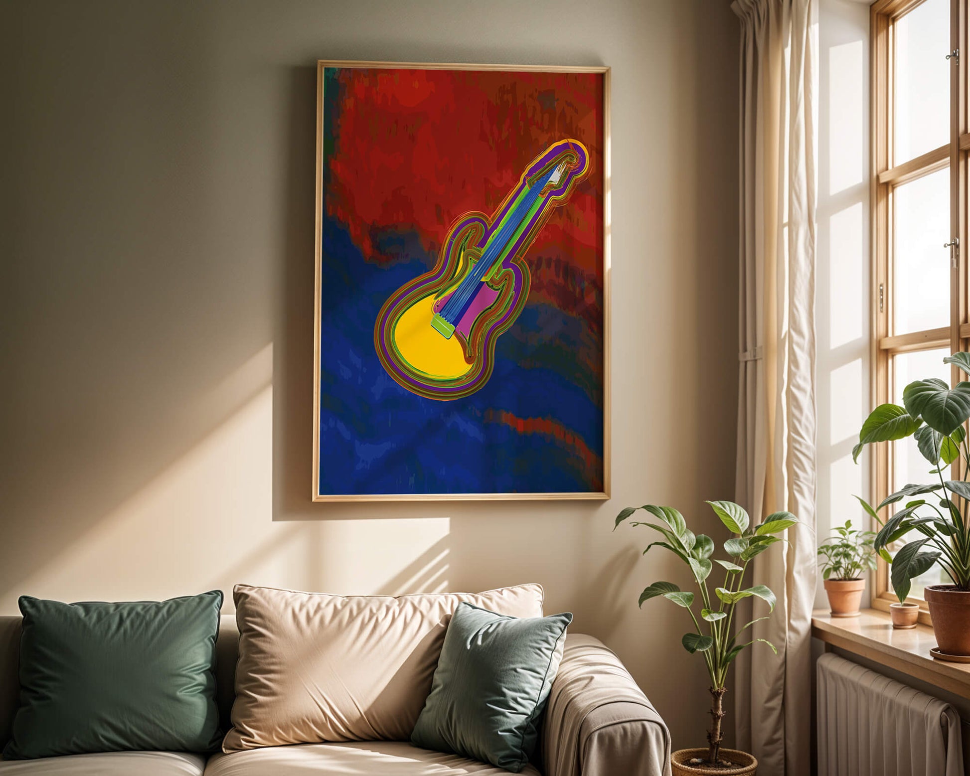 Vibrant abstract guitar illustration with bold colors