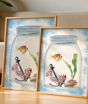 Watercolor illustration of marine life in a jar with a clownfish