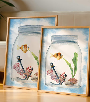 Watercolor illustration of marine life in a jar with a clownfish