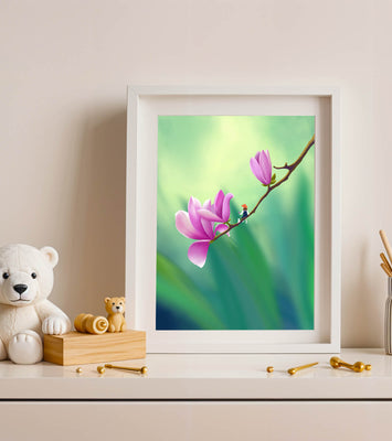 Serene illustration of magnolia flowers with a small figure in a hat