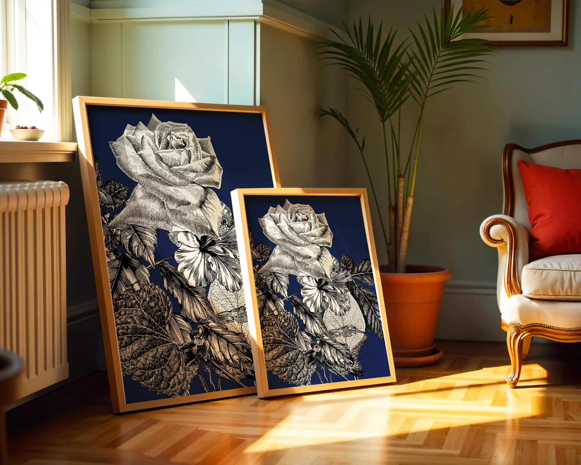 Intricate botanical illustration of roses and foliage on a deep blue background